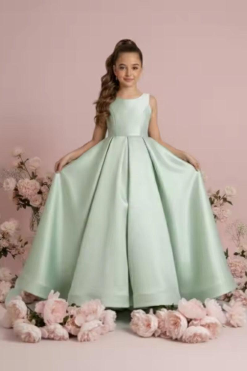 Satin V-Back Large Bow Sweep-Brush Train Wedding Gown Flower Girl Dresses 1057873354822 - 7 Days / Mint Green / 90cm - COCOMELODY